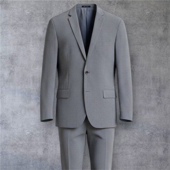 LANDS' END Mens 2 Piece Suit Blazer Jacket 42R Pant 34Wx31L Gray Stretch Cotton